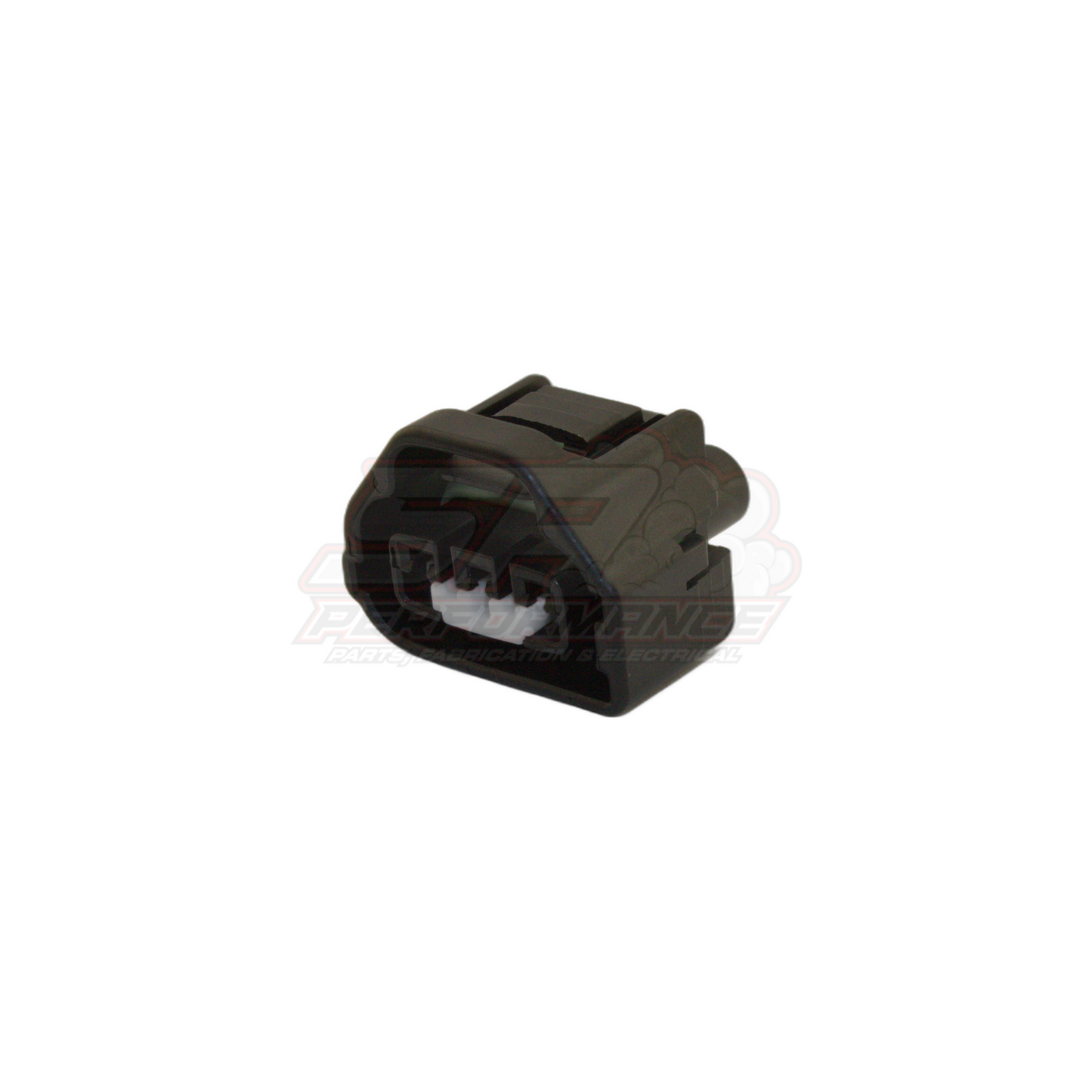 Angled view of black 3-pin TPS connector housing for Toyota Mazda throttle position sensor with white terminal insert visible
