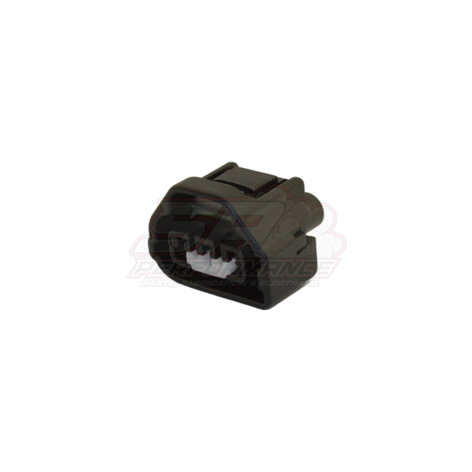 Angled view of black 3-pin TPS connector housing for Toyota Mazda throttle position sensor with white terminal insert visible