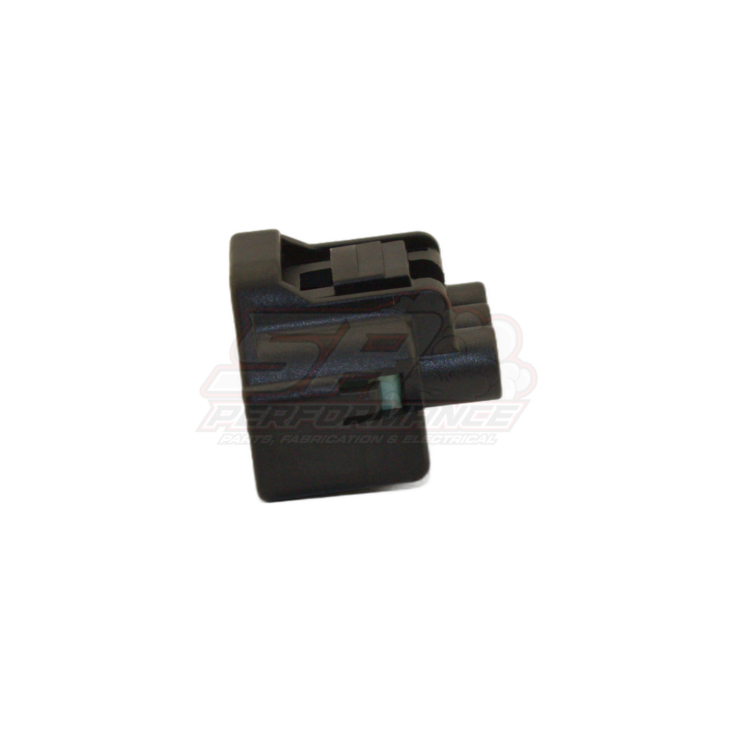 Angled view of black 3-pin Toyota Mazda TPS throttle position sensor connector housing showing terminal slots and locking tab