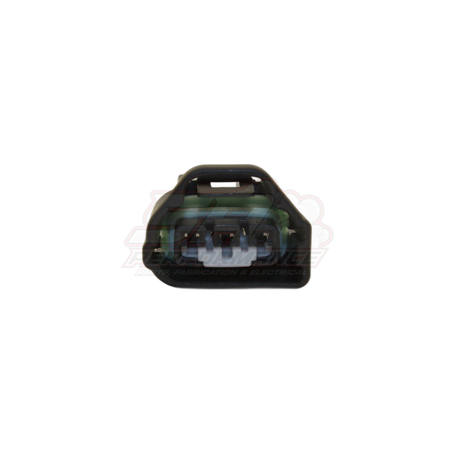 Front view of 3-pin Toyota Mazda TPS throttle position sensor connector showing black housing with green wire seal and three terminal pins