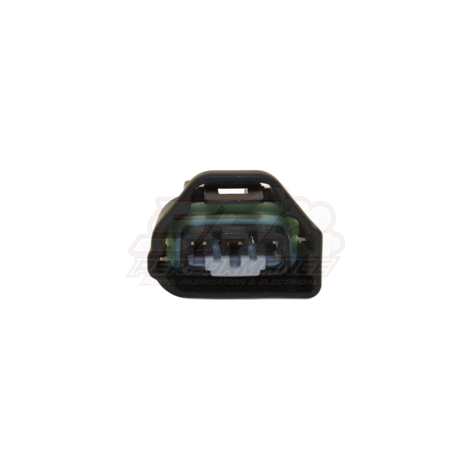 Front view of 3-pin Toyota Mazda TPS throttle position sensor connector showing black housing with green wire seal and three terminal pins