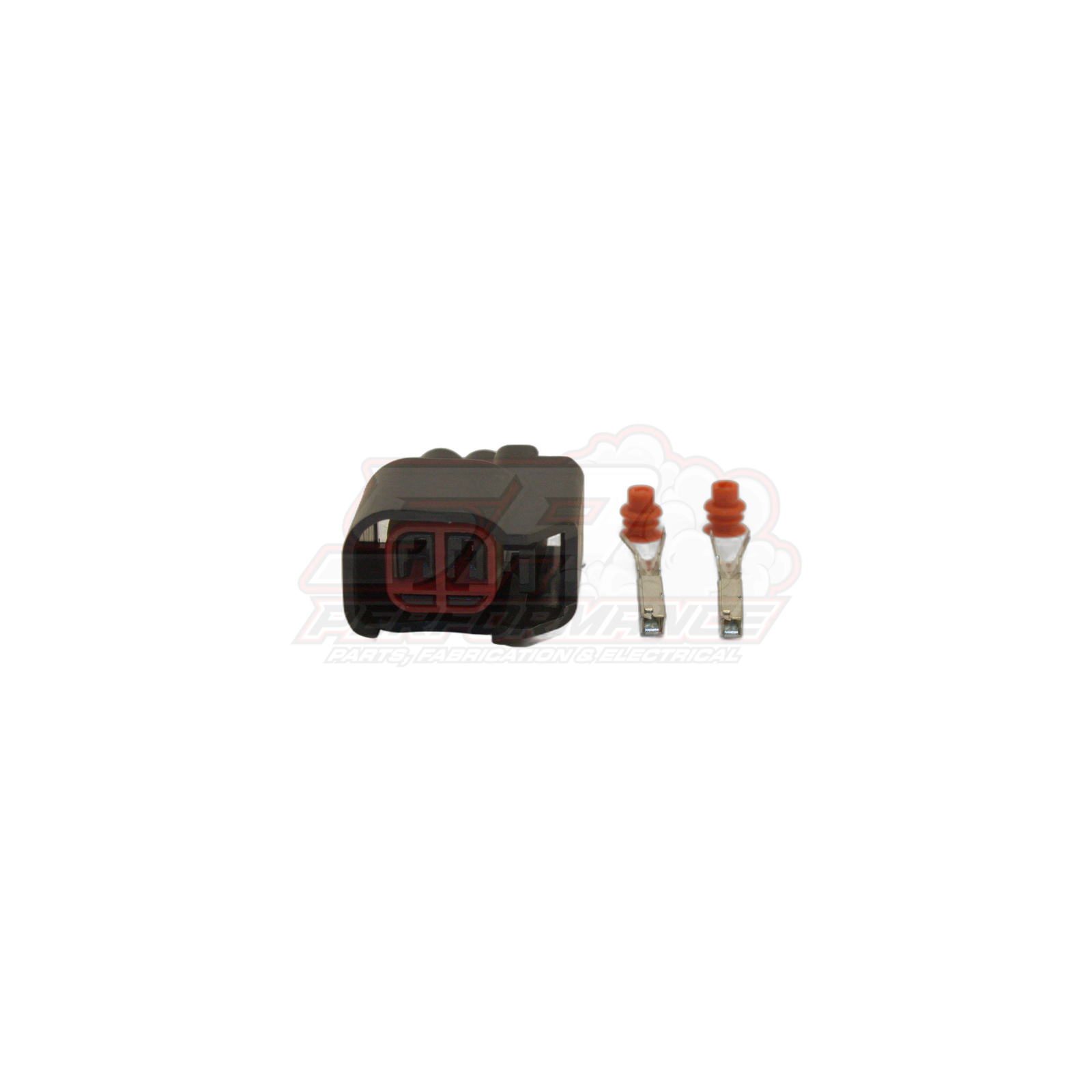 Black 2-pin US car plug connector housing with red seals and two metal terminals displayed separately