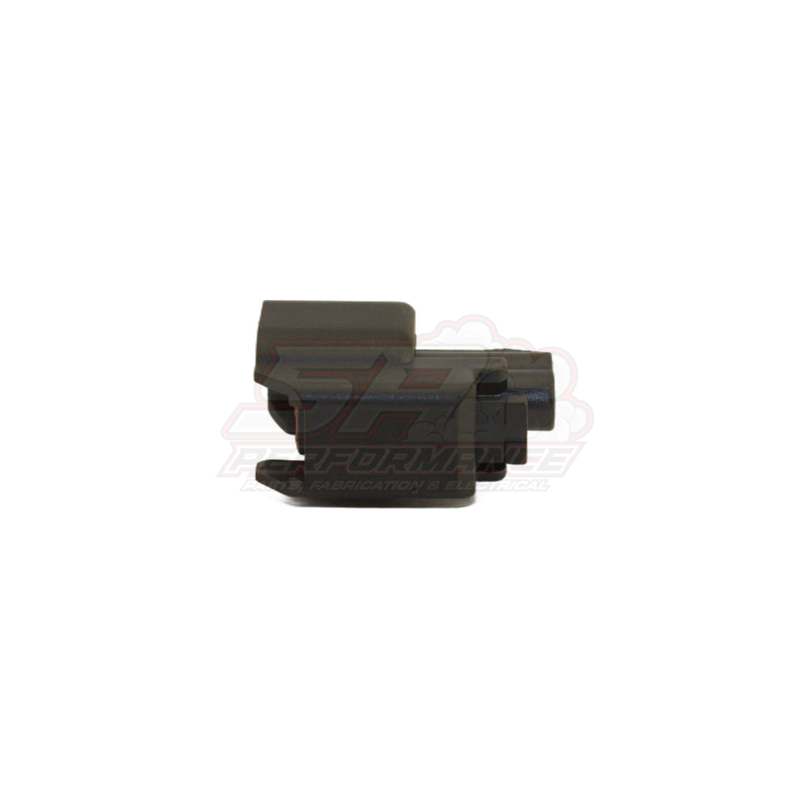 Black 2-pin US car connector housing shown from angled side view displaying terminal cavities and locking tab for GM Ford Chrysler sensors