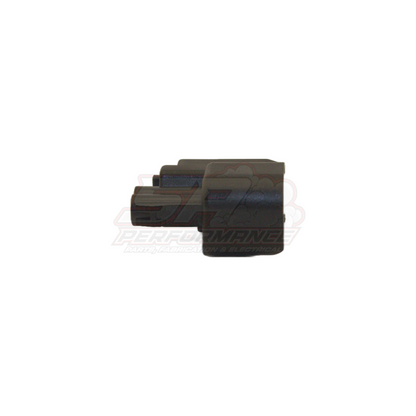 Black plastic US car style 2-pin connector housing side view showing grooved socket end and ribbed body with SA Performance watermark