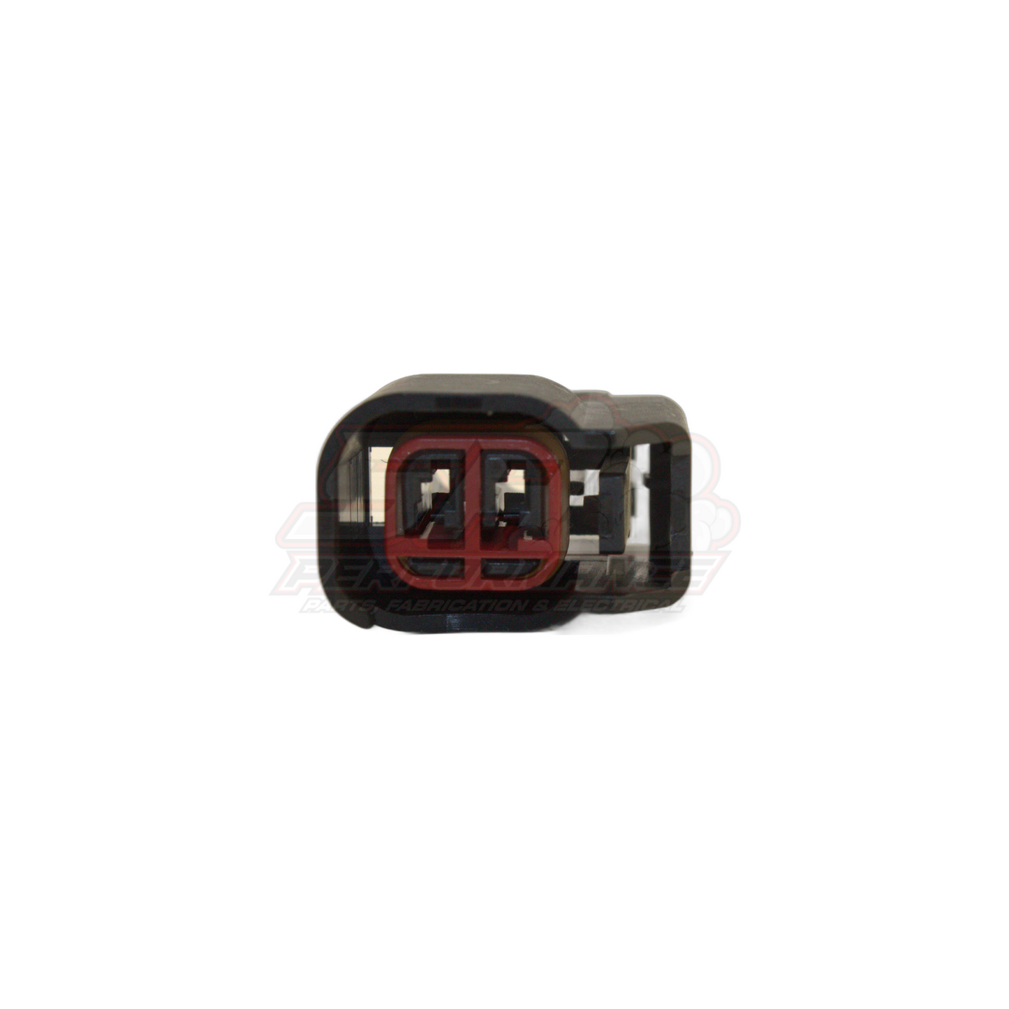 Front view of US car 2-pin plug connector showing black housing with red seal and metal terminals for GM Ford Chrysler vehicles